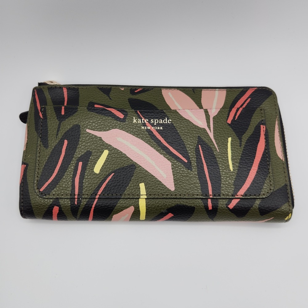 Kate Spade Eva Modern Feather Wallet Women's Olive Green Leaf Print Inside Pouch